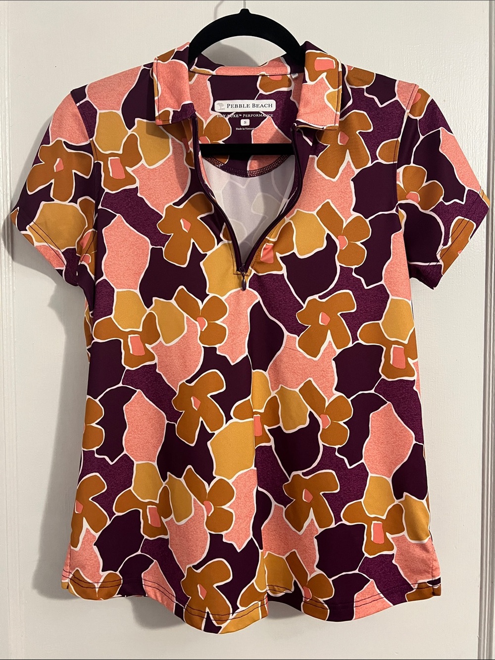 Pebble Beach Short-Sleeve Polo Shirt in Pink, Maroon & Mustard Floral